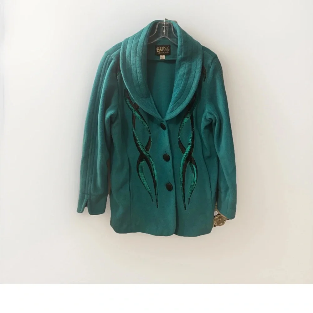 Vintage 1980s Bob Mackie Turquoise Sequin Designer Glam Shawl-Collar Jacket - Picture 2 of 4